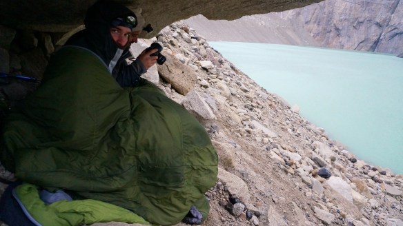 We found a ledge which provided some 'shelter' from the elements as we froze for two hours waiting for the cloud cover to clear. 